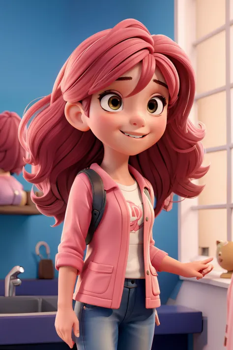 Menina exploradora,, alegre, cabelos amarrados, assustada, cabelos rosa