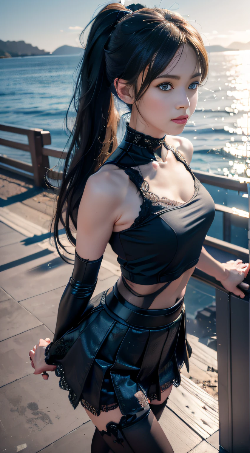 8K, RAW photo, Best quality, Mastery:1.2), (Realistic, photo-realistic:1.37),1 girl,Cute,Blue eyes, (Solo),full-body portraits，Detailed ponytail，Dramatic angles，beachside，looking at viewert，angle of view ,cyber punk perssonage,Short black lace skirt，