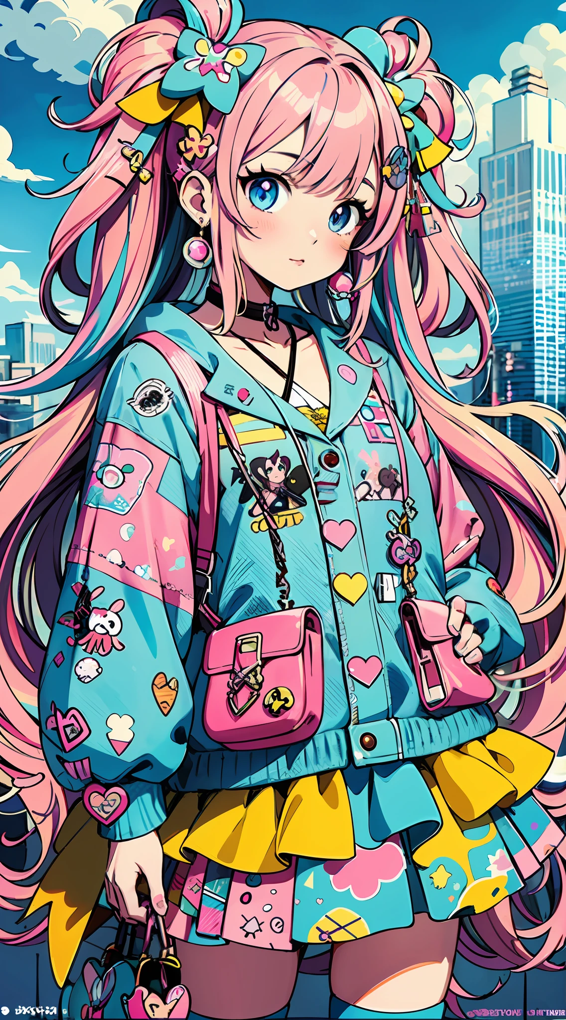 Anime-Mädchen mit rosa Haaren und blauer Jacke und rosa Handtasche, Anime-Stil 4 k, Decora inspirierte Illustrationen, Anime-Kunst-Tapete 4k, Anime-Kunst-Hintergrundbild 4K, Anime-Hintergrundbild 4k, Anime-Tapete 4k, Anime-Stil. 8k, Anime-Stimmung, Anime-Kunst-Tapete 8 k, Anime-Stil illustration, Anime-Kunststil, Anime-Stild, süße detaillierte digitale Kunst