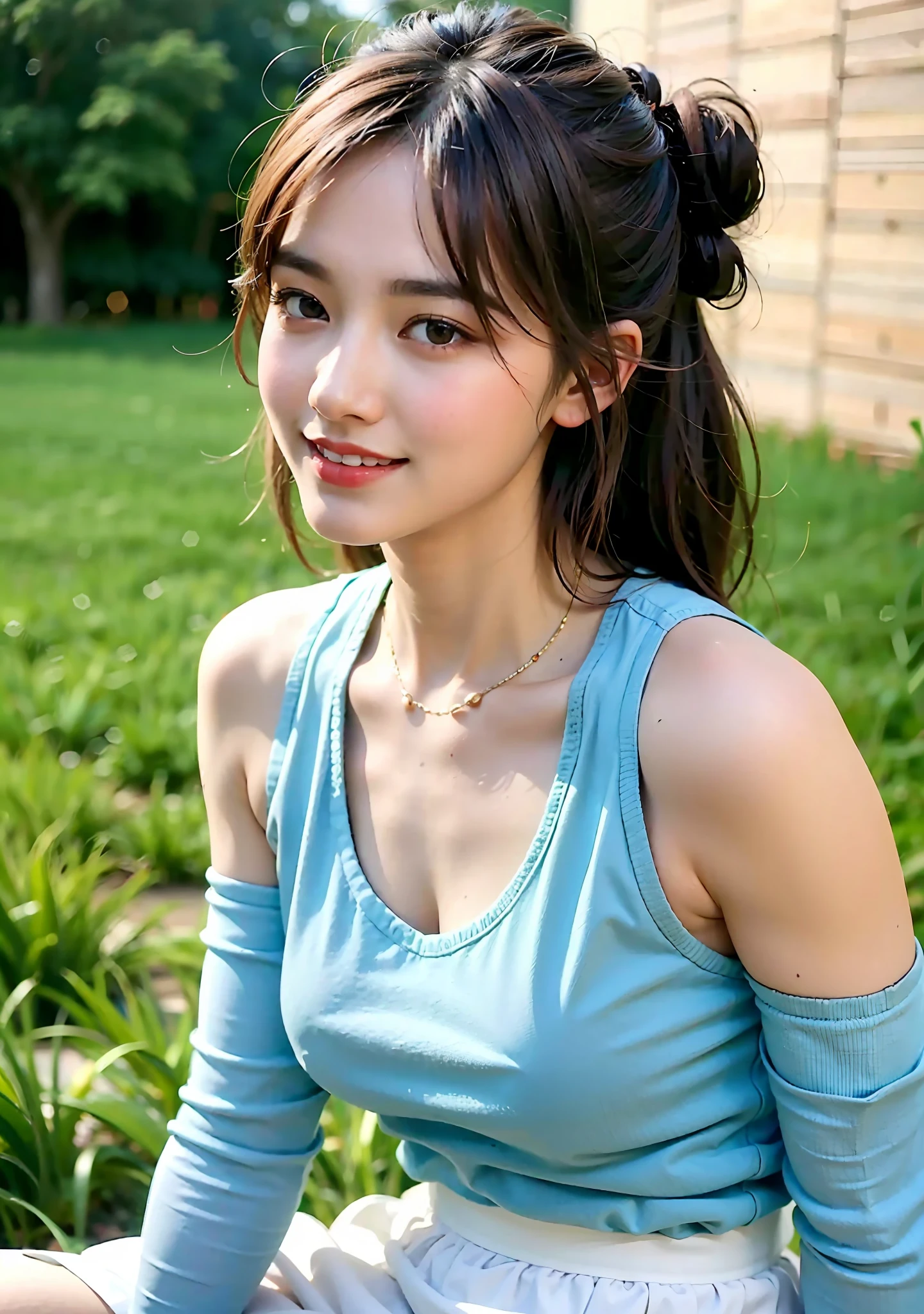 22 year old girl, wearing knee length skirt, light blue top, white skirt, brown hair, 3/4 body, portrait photo, deep of field, f/0.5, 200mm, girly, pretty, detailed skin description, realistic, 1 girl, natural pose, high bun hairstyle, inclined face angle, behind is the cinema, bare shoulder,
