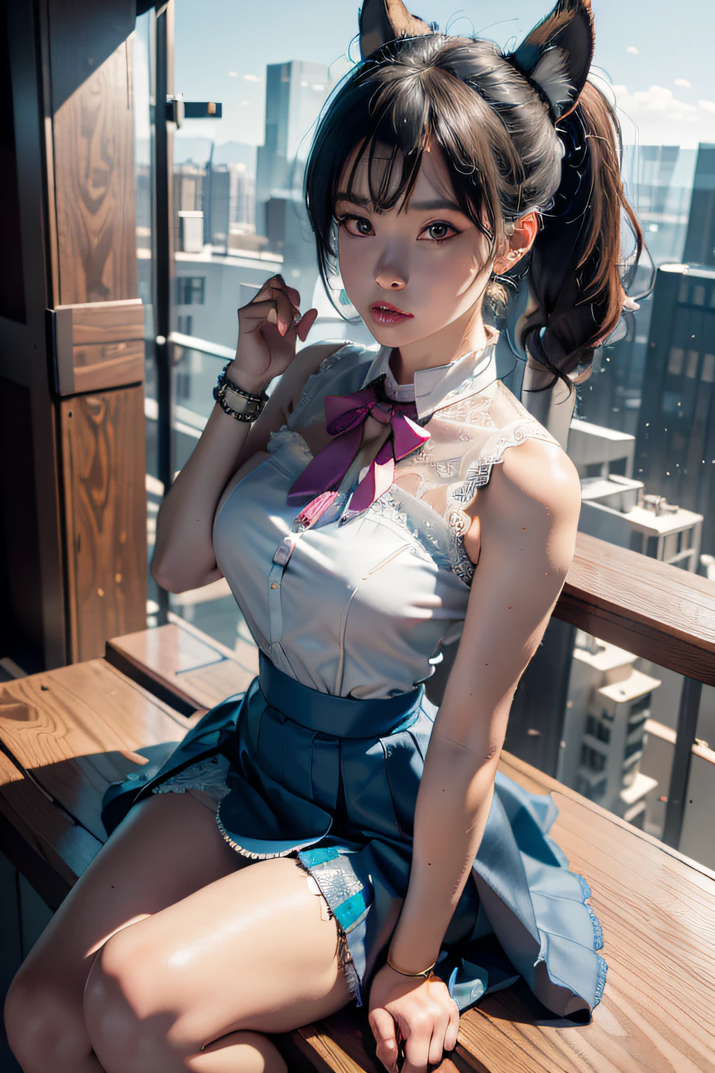 tmasterpiece， best qualtiy， ultra - detailed， RAW photogr， （realisticlying：1.4）， High-speed rail Tingyun， 1girll， 独奏， By bangs， （fox ear）， mediuml breasts， clothing cutout，Hollow-out on， Animal ear， girl fox， Silk lace skirt skirt， pony tails， neck bowtie， shift dresses， （bangle）， jewely，， Separate the sleeves， （blue bracelet）， White sleeves， The shirt， sleeveless shirts， Golden decoration， Pink lace skirt， （coda， fox tails）， 耳Nipple Ring， dynamic angle， Outdoor deep forest，