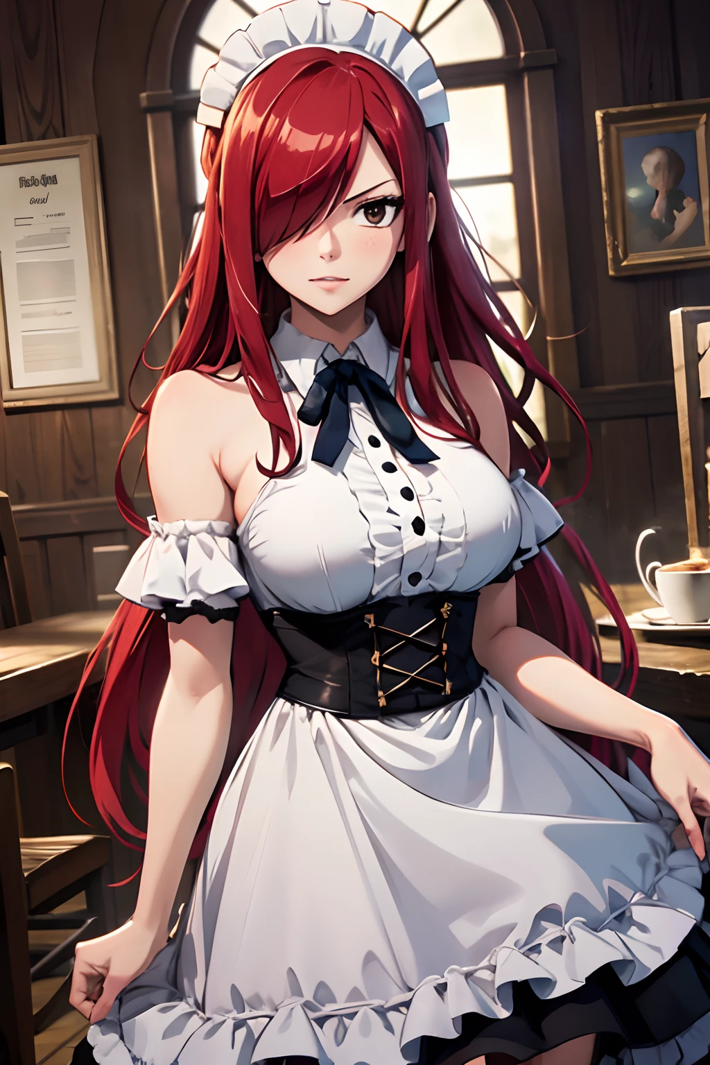 masterpiece, best quality, highres, fairy tail, 1girl, long hair, red hair, brown eyes, neck ribbon, bare shoulders, maid outfit , hair over one eye, cowboy shot, standing,indoors,cafe