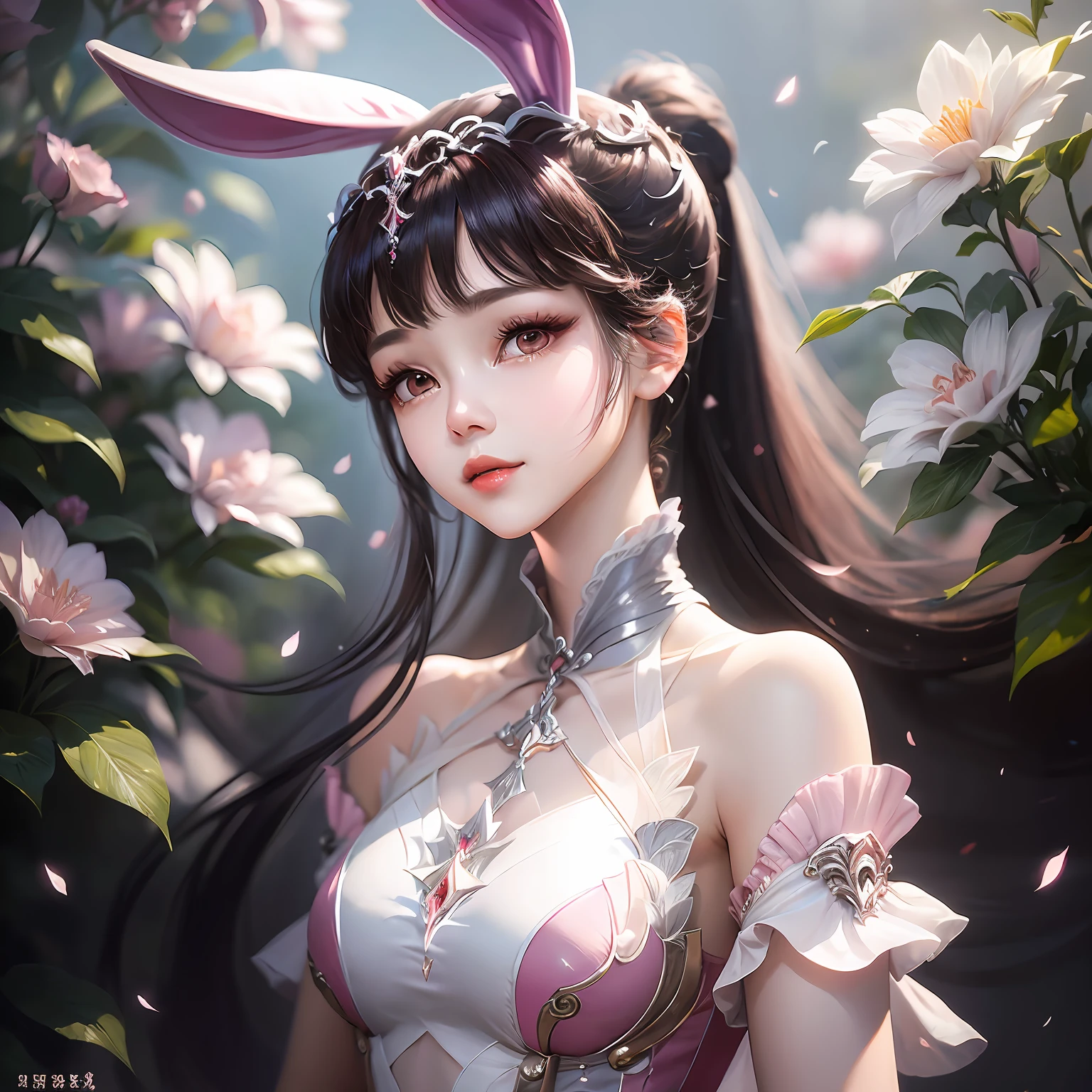 (coefficient 1.2) (fresh and elegant painting style + clear and delicate picture quality), the beautiful girl is petite, brown eyes shine with charming light, wearing rabbit ears, wearing a pink chiffon dress, elegant and aesthetic temperament exudes youthful vitality, soft and warm. The facial features are delicate and the beauty is outstanding.