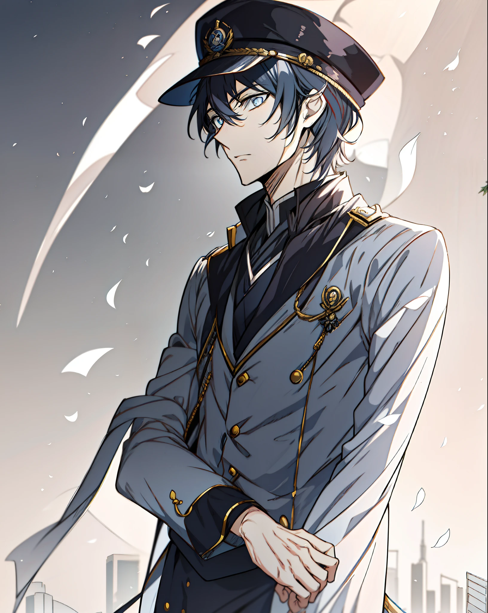 Anime characters standing in front of the city in uniform, Delicate male, Handsome anime pose, Anime handsome man, inspired by Okumura Togyu, he is wearing a top hat, inspired by Yamagata Hiro, Tall anime man with golden eyes