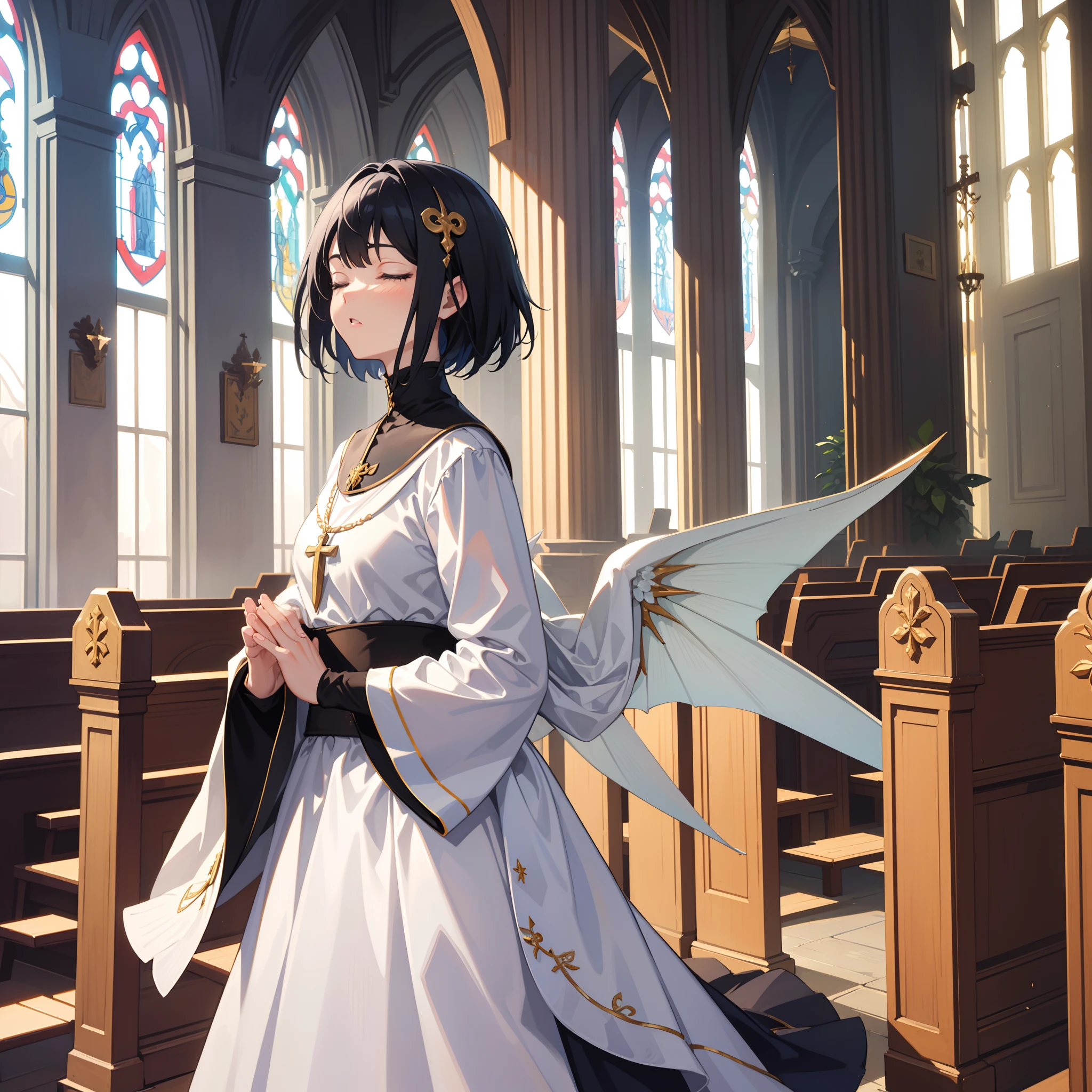 {{{{{masterpiece,best quality,ultra detailed}}}}},1 girl,{{{{{big white pterosaur wings}}}}},short blueblack hair,close her eyes,Monastic clothing,handsome face,sitting on church chapel floor,praying,beautiful Church chapel background,side view,distant view,16k,