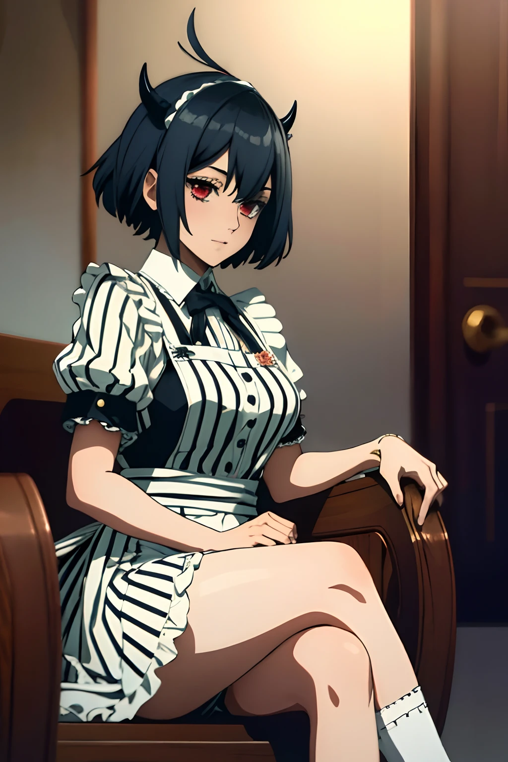 (masterpiece, best quality), intricate details, 1girl, solo, Nero, black hair, short hair, ahoge, red eyes, horns, striped maid, maid apron, maid headdress, shoes, crossed legs, goddess, indoors, looking at viewer,