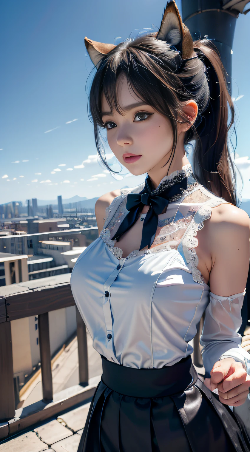 tmasterpiece， best qualtiy， ultra - detailed， RAW photogr， （realisticlying：1.4）， High-speed rail top clouds， 1girll， 独奏， By bangs， （fox ear）， mediuml breasts， clothing cutout，Hollow-out on， Animal ear， girl fox， Silk lace skirt skirt， pony tails， neck bowtie， shift dresses， （bangle）， jewely，， Separate the sleeves， （blue bracelet）， White sleeves， The shirt， sleeveless shirts， Golden decoration， Pink lace skirt， （coda， fox tails）， 耳Nipple Ring， dynamic angle， Outdoor deep forest，