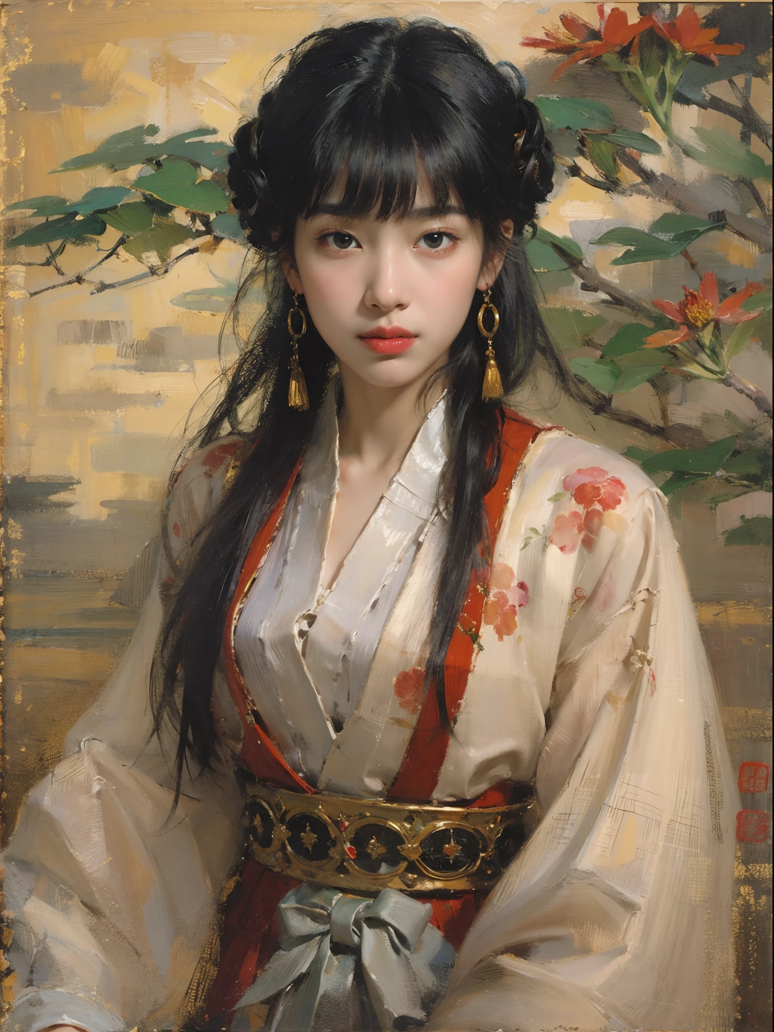 best qualtiy，tmasterpiece，（oil painted：1.5），A woman with long black hair，Exquisite facial features，head gear，Sit in front of a Chinese landscape painting，Red dress，（Amy Saul：0.248），（Stanley Ategg Liu：0.106），（a detailed painting：0.353），（Renaissance classical oil painting style：0.8）