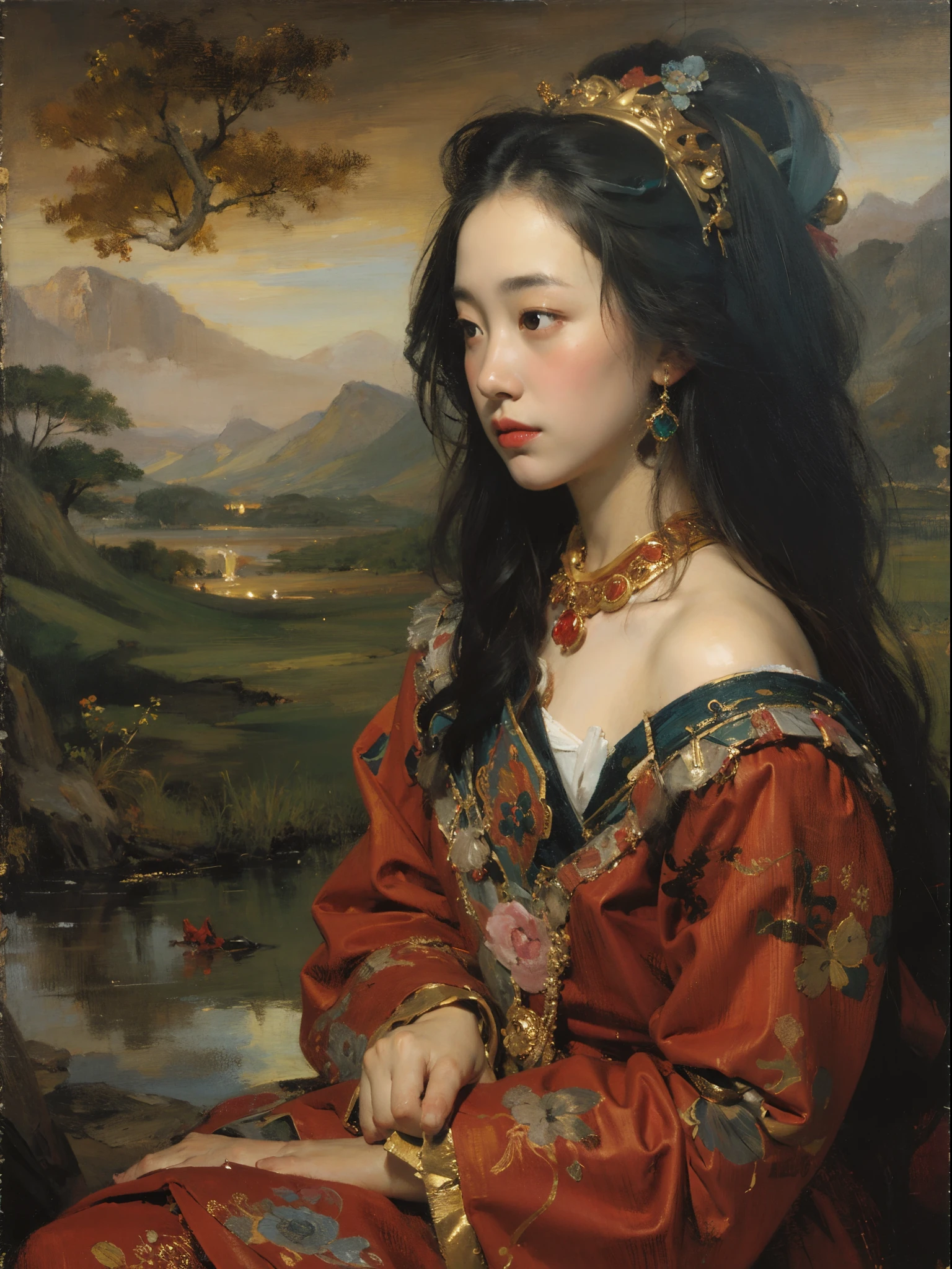 best qualtiy，tmasterpiece，（oil painted：1.5），A woman with long black hair，Exquisite facial features，head gear，Sit in front of a Chinese landscape painting，Red dress，（Amy Saul：0.248），（Stanley Ategg Liu：0.106），（a detailed painting：0.353），（Renaissance classical oil painting style：0.8）