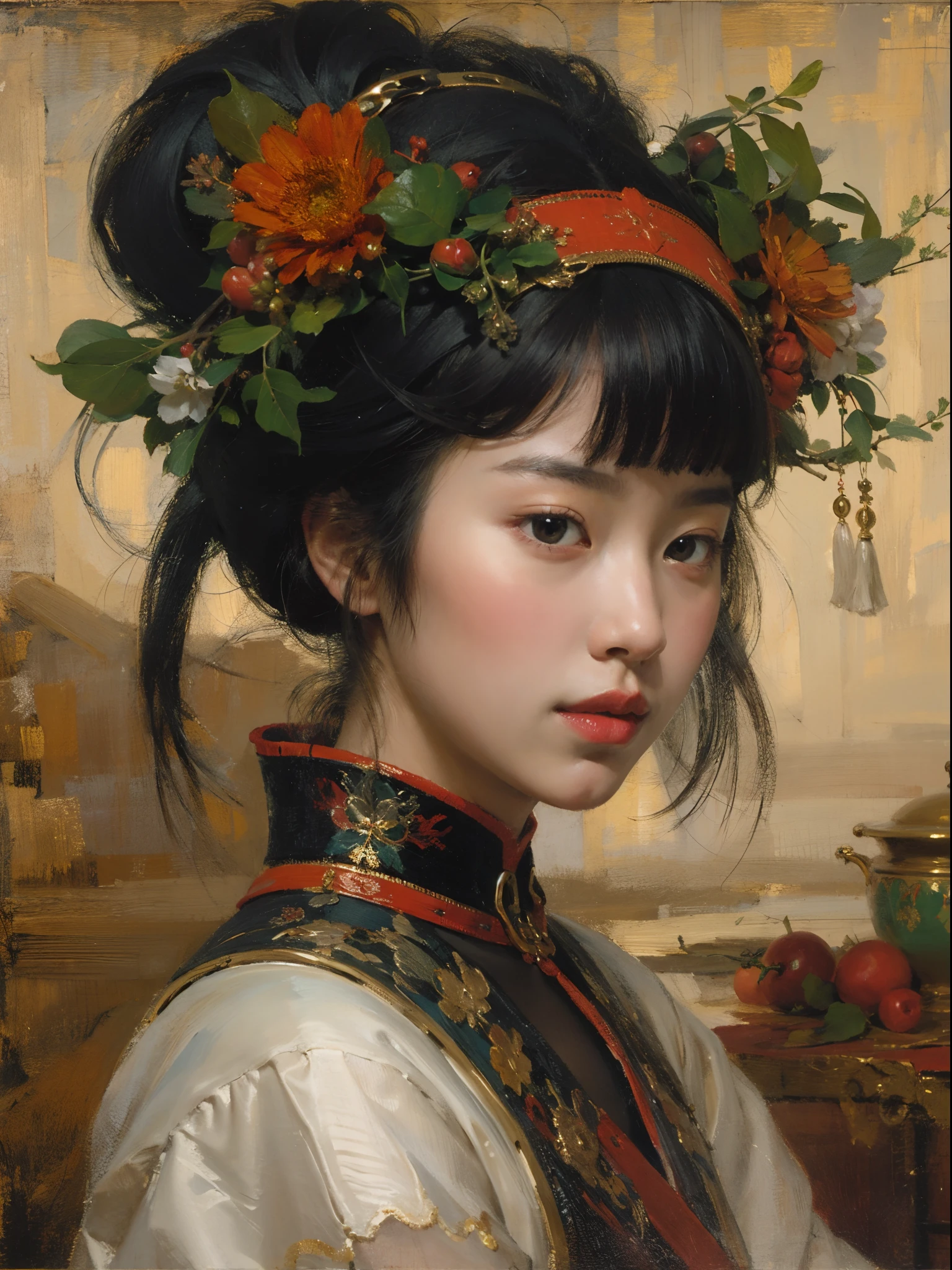 best qualtiy，tmasterpiece，（oil painted：1.5），A woman with long black hair，Exquisite facial features，head gear，Sit in front of a Chinese landscape painting，Red dress，（Amy Saul：0.248），（Stanley Ategg Liu：0.106），（a detailed painting：0.353），（Renaissance classical oil painting style：0.8）