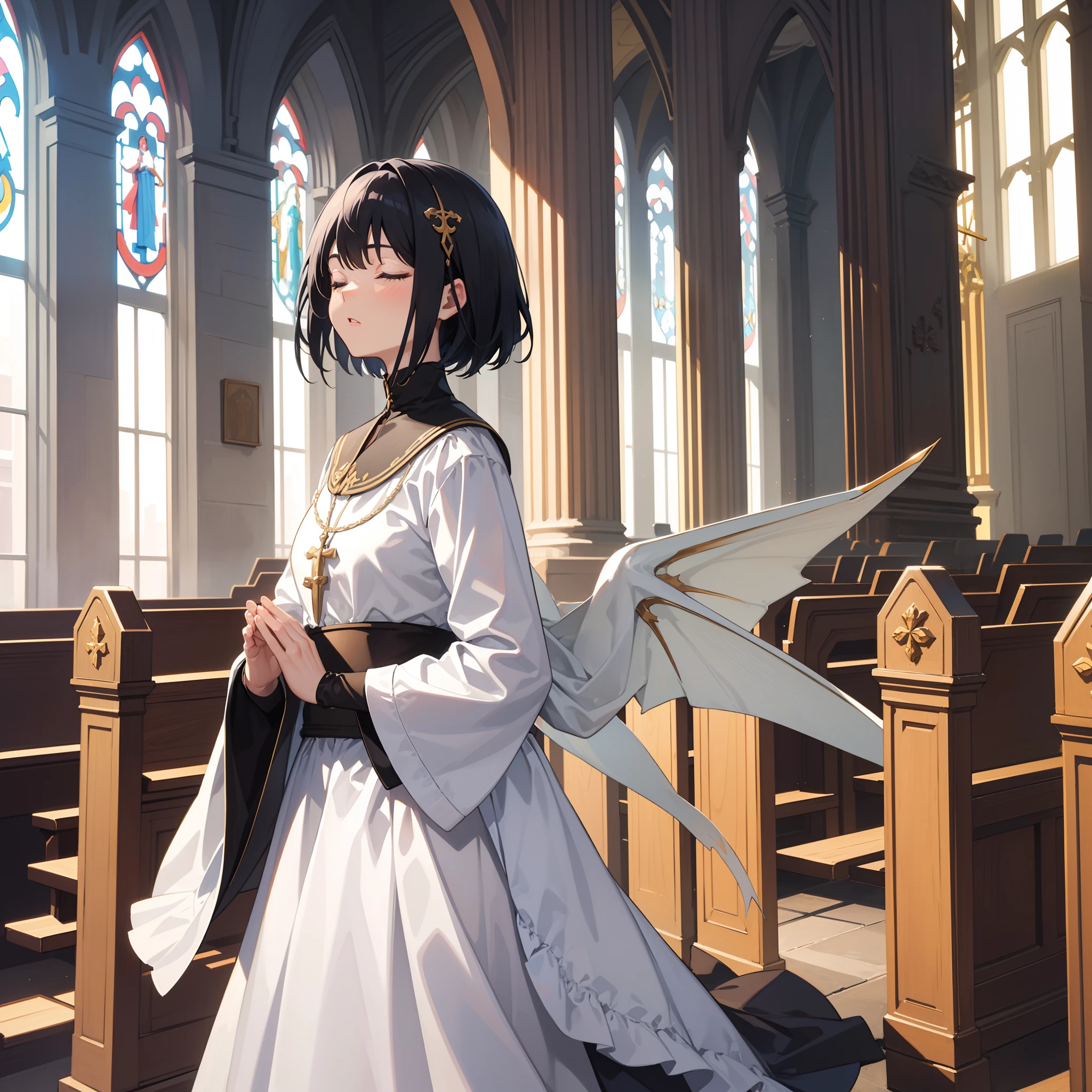 {{{{{masterpiece,best quality,ultra detailed}}}}},1 girl,{{{{{big white pterosaur wings}}}}},short blueblack hair,close her eyes,Monastic clothing,handsome face,sitting on church chapel floor,praying,beautiful Church chapel background,side view,distant view,16k,