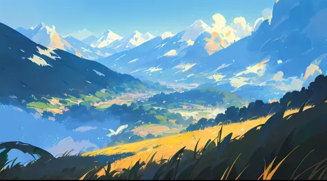 anime big breast, Field of anime, ghibli artstyle, Makoto Shinkai's style,detailed scenic view，scenecy，The mountains in the distance are undulating