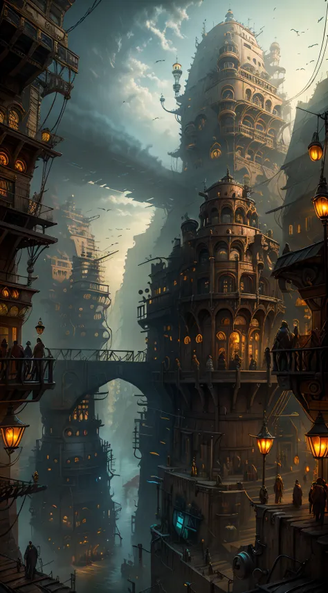 Industrial age city，Deep valley in the middle，architectural streets，bazaars，Bridges，rainy sky，Steampunk futuristic style，Western architecture，Isometric scene，Outstanding details，