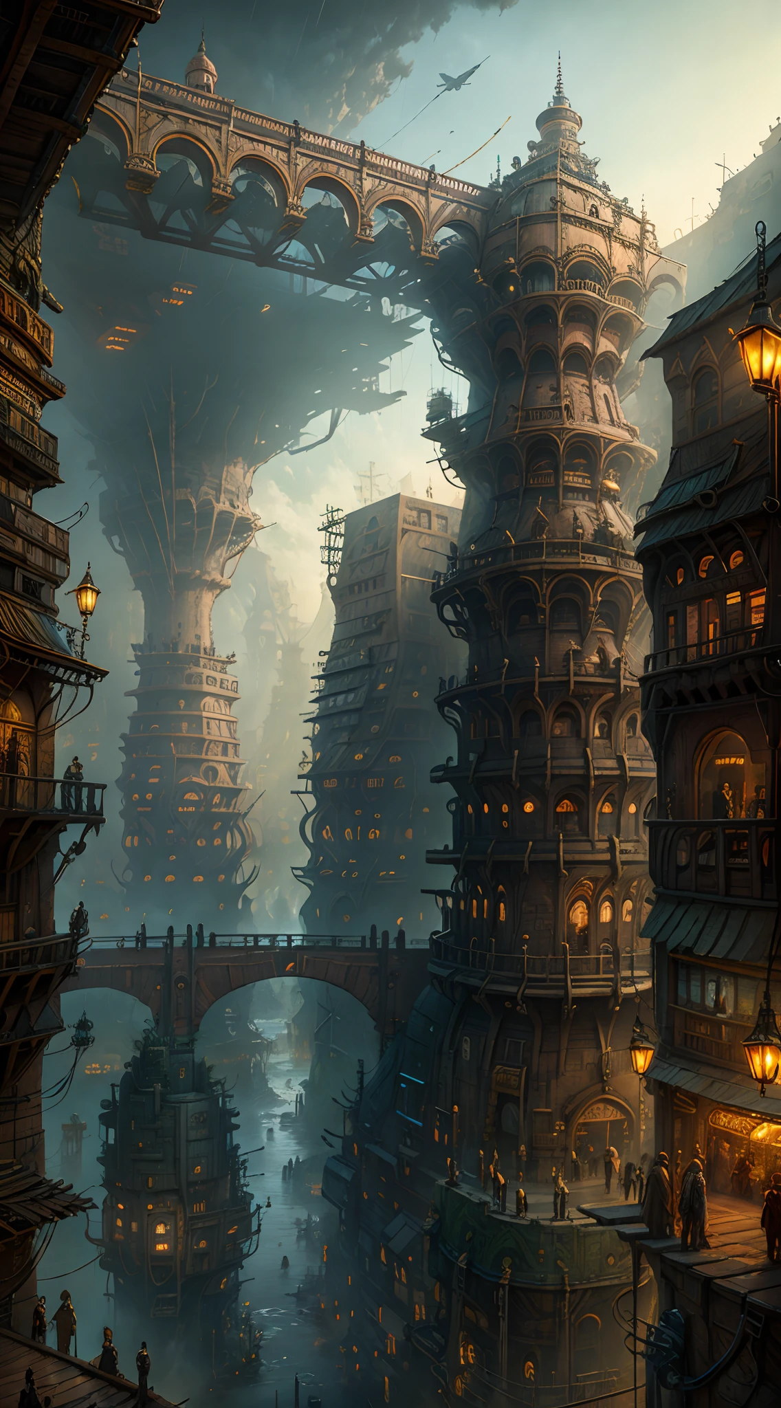 Industrial age city，Deep valley in the middle，architectural streets，bazaars，Bridges，rainy sky，Steampunk futuristic style，Western architecture，Isometric scene，Outstanding details，