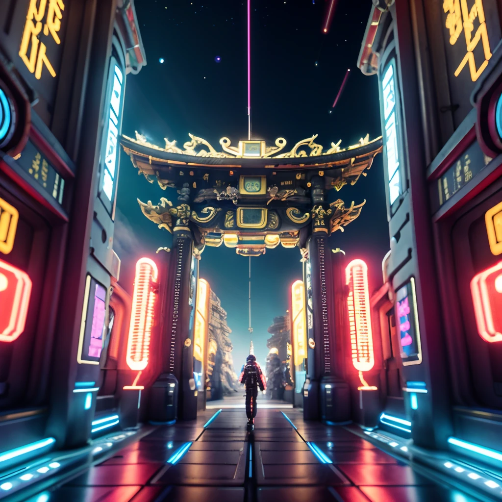 tmasterpiece，ultra - detailed，realisticlying，realisticlying，8k， Carla，torii，onthe mountain，japanese-inspired，sci-fy，cyber punk perssonage，style mixing，rainbow，neonlight，Colorful，sense of science and technology，Antique mix，Temple style，Tech style