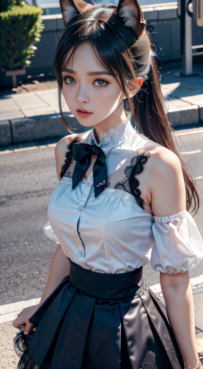 tmasterpiece， best qualtiy， ultra - detailed， RAW photogr， （realisticlying：1.4）， High-speed rail top clouds， 1girll， 独奏， By bangs， （fox ear）， mediuml breasts， clothing cutout，Hollow-out on， Animal ear， girl fox， Silk lace skirt skirt， pony tails， neck bowtie， shift dresses， （bangle）， jewely，， Separate the sleeves， （blue bracelet）， White sleeves， The shirt， sleeveless shirts， Golden decoration， Pink lace skirt， （coda， fox tails）， 耳Nipple Ring， dynamic angle， Outdoor deep forest，