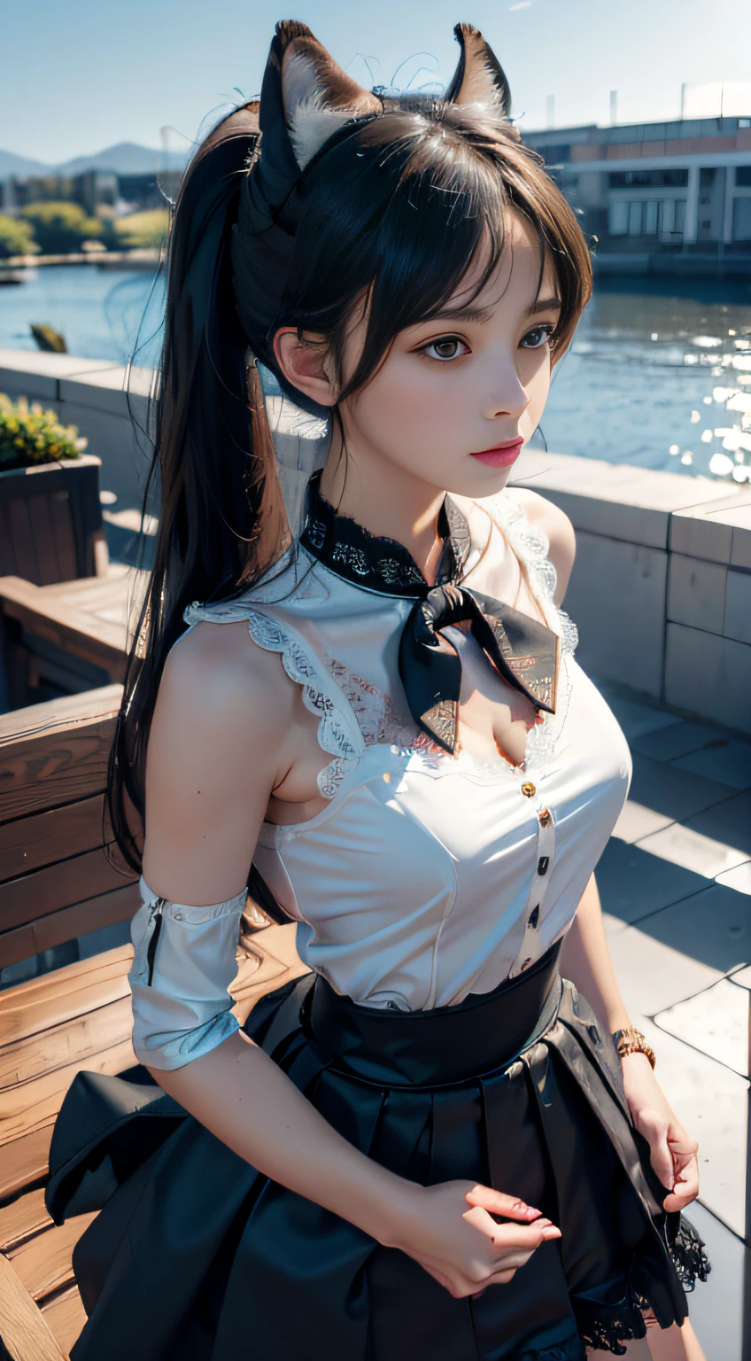 tmasterpiece， best qualtiy， ultra - detailed， RAW photogr， （realisticlying：1.4）， High-speed rail top clouds， 1girll， 独奏， By bangs， （fox ear）， mediuml breasts， clothing cutout，Hollow-out on， Animal ear， girl fox， Silk lace skirt skirt， pony tails， neck bowtie， shift dresses， （bangle）， jewely，， Separate the sleeves， （blue bracelet）， White sleeves， The shirt， sleeveless shirts， Golden decoration， Pink lace skirt， （coda， fox tails）， 耳Nipple Ring， dynamic angle， Outdoor deep forest，