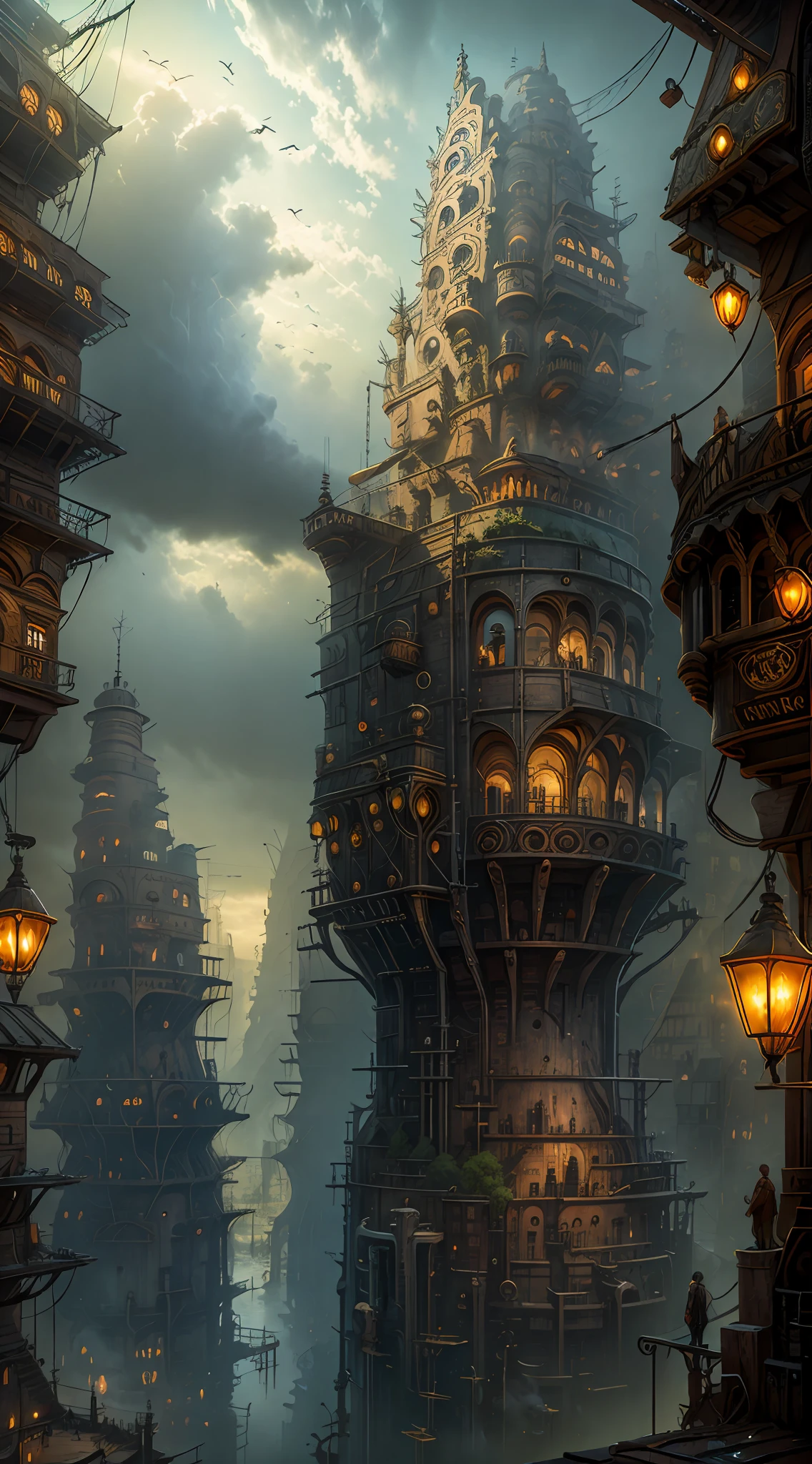 Industrial age city，Deep valley in the middle，architectural streets，bazaars，Bridges，Rainy sky，Airship in the sky，Steampunk futuristic style，western architecture，Isometric scenario，Outstanding details，