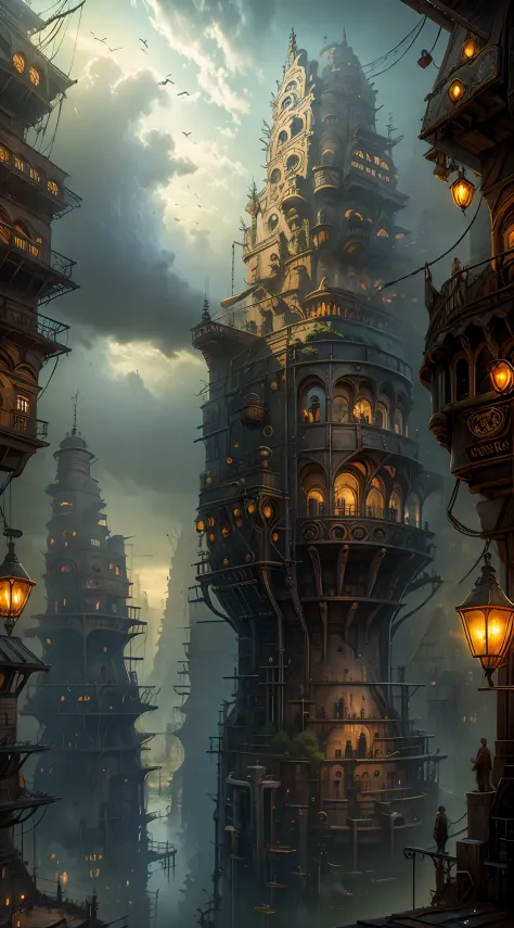 Industrial age city，Deep valley in the middle，architectural streets，bazaars，Bridges，Rainy sky，Airship in the sky，Steampunk futur...