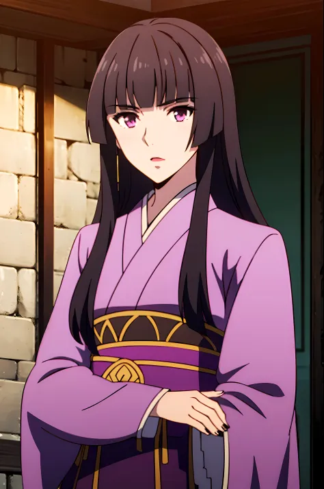 glass, 1girl, solo, long hair, bangs, black hair, purple eyes, looking at viewer, upper body, blunt bangs, kimono, lipstick, him...