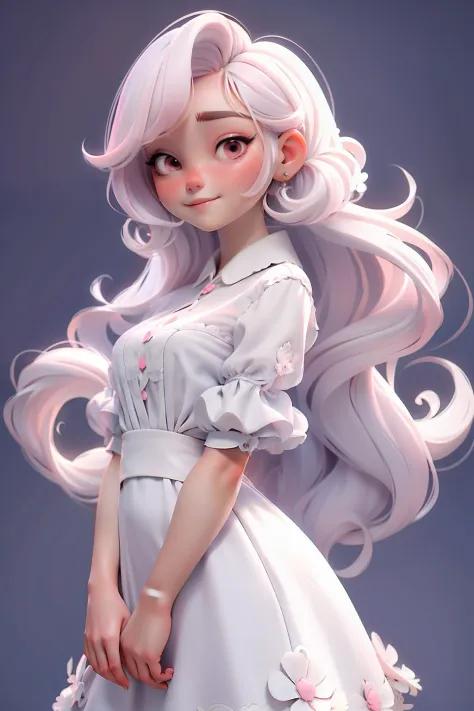 Personagem menina, de cabelos longos, fundo transparente, fundo branco, roupa delicada rosa, casaco florido, , various positions...