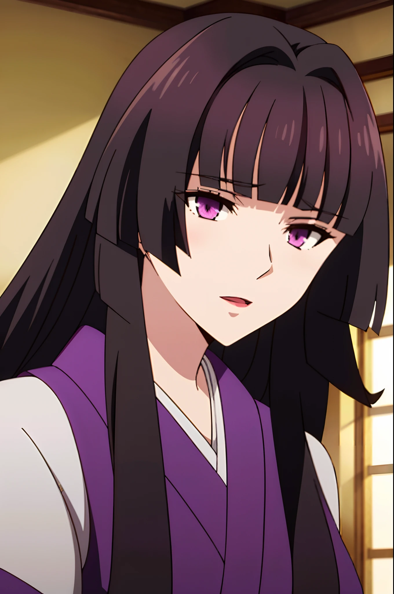 glass, 1girl, solo, long hair, bangs, black hair, purple eyes, looking at viewer, upper body, blunt bangs, kimono, lipstick, hime cut, cowboy shot, ((masterpiece)), ((best quality)), ((high detailed illustration)), ((high detailed background)), ((realistic lighting))