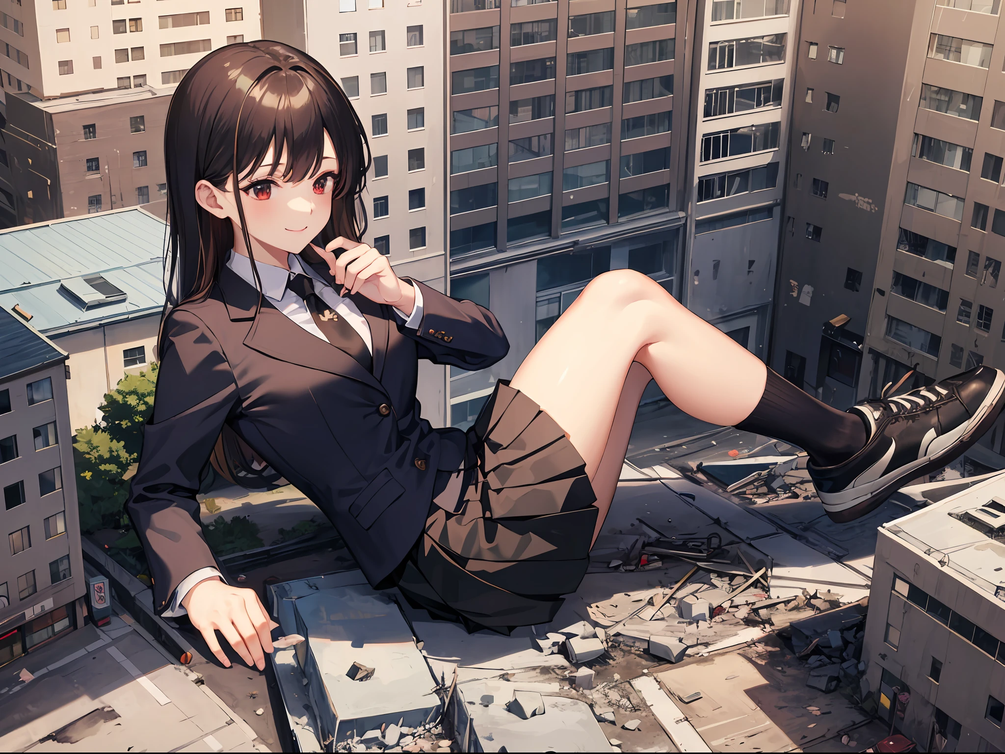 Alloy rabbit, masterpiece, 1girl, Bigger than the building, Brown hair, Red eyes, bangs, suit, black necktie, Black pleated skirt, Black socks, Sneakers, , Smile, Naughty, Anatomically correct, Textured skin, GTSCity, Destroyed buildings, City model, anime style, cute,