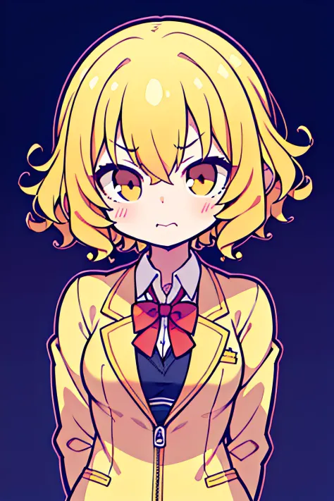 A beautiful girl, 1girl, anime style girl, yellow hair, ((curly hair)), short hair, shoulder-length hair, (silver eyes), zip up, school uniform, blazer, (((small breasts))), (((puffing up chicks))), with her hands on her waist, ((sulking)), little angry, n...