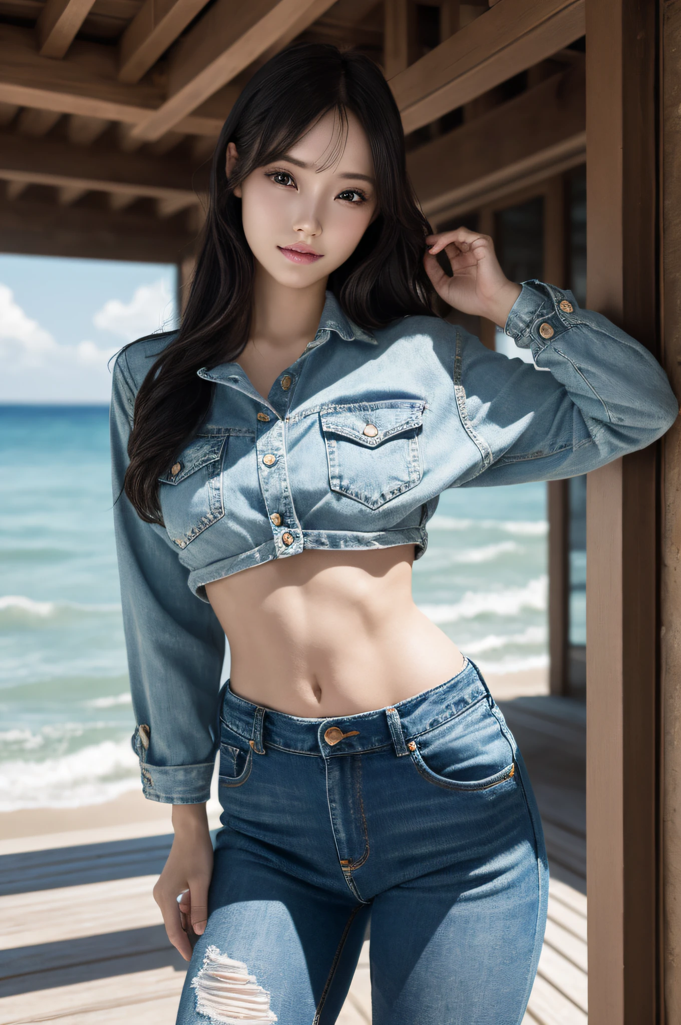 Uma mulher de jeans posando para uma foto na praia - SeaArt AI