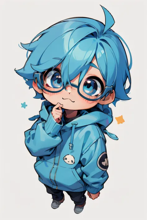 sticker,1boy,cute,kawaii,cute,blue hair,hipster eye glass,chibi simple background