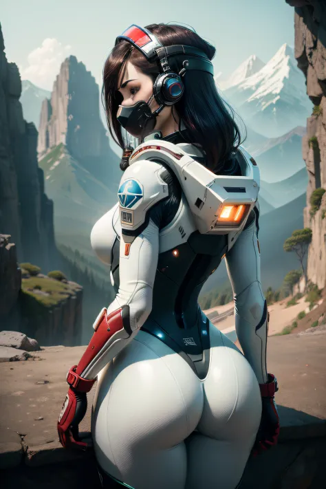(35mmstyle:1.2), Highly detailed RAW color Photo, rear angle, full bodyesbian, af (Female space marine, Wearing a white and red spacesuit, futuristic helmet, Tin plated mask, Rebreathers, accentuated booty), Outdoors, (Stand on the cliffs of the tall Rocky...