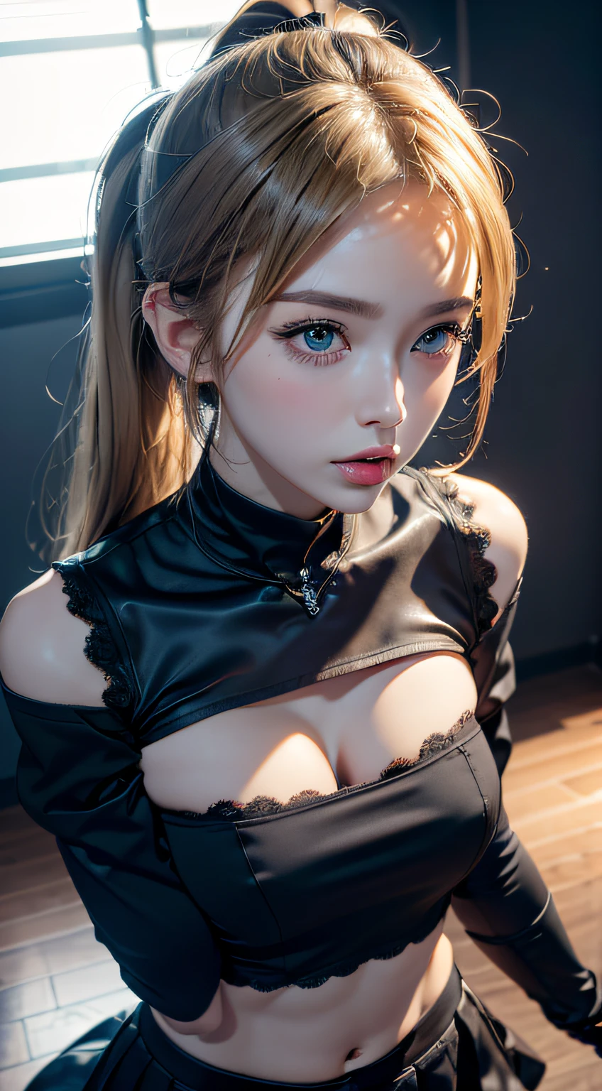 close-up all over the body，tmasterpiece，Best quality，Realistic lighting，超高分辨率，（真实感，Foto realism：1.48）， 1girll， big breasts beautiful， blond hairbl ，独奏， ahoge， hair adornments， bare shoulders​， Crop tops， nabel， Separate the sleeves， gloves on the elbow， mitts， coda， and skirt， Nya