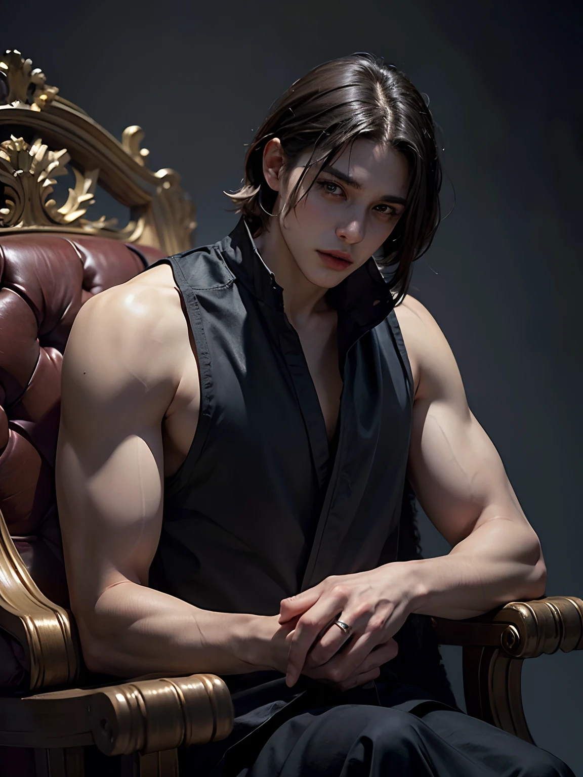 1man, smirk, sit on throne, solo focus, adult, pale and young adult face, short black hair, black silk robe with golden lining, palace, realistic, dynamic pose realistic, detailed and correct facial structure, dark atmosphere, blades ornaments, LEON S. KENNEDY, handsome, attractive, slightly muscular, cinematic lighting, unreal engine, trending on ArtStation, intricate details,  masterpiece, best quality, by Irakli Nadar, Greg Rutkowski，(((best quality))),(((ultra detailed))),(((masterpiece)))