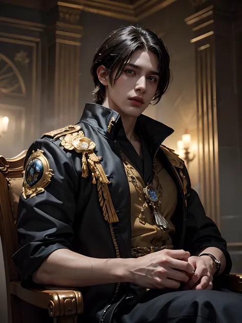 1man, smirk, sit on throne, solo focus, adult, pale and young adult face, short black hair, black silk robe with golden lining, ...