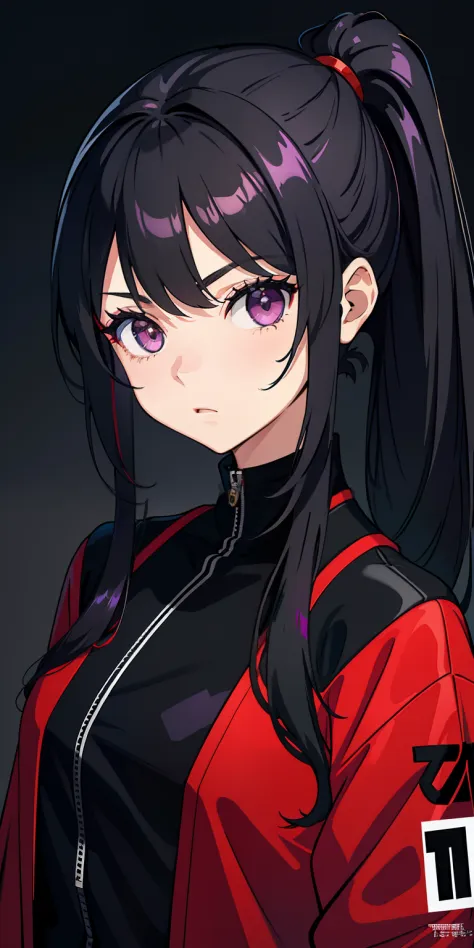 （tmasterpiece：1.2，best qualtiy），（Fine beautiful eyes：1.2），A girl with a black ponytail，Black colored eyes，，only 1girl，20yr old，Purple-red jumpsuit