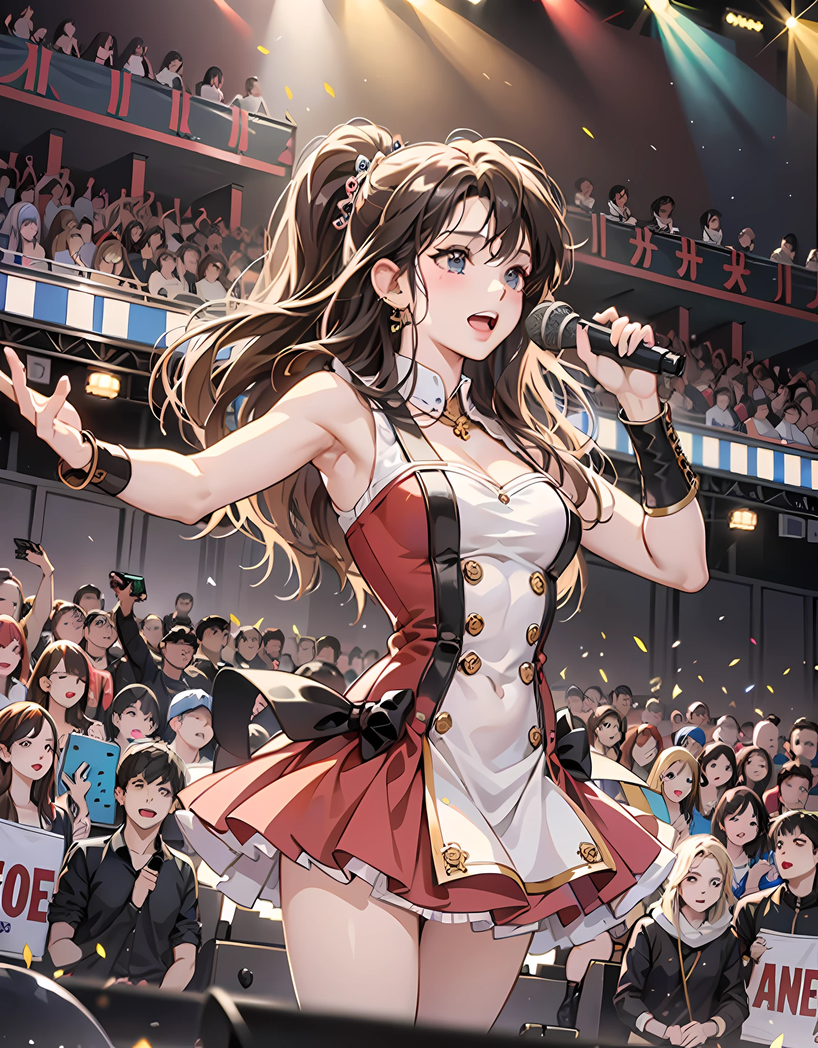 masterpiece, realistic, photorealistic, anime style, Detailed prompts for illustrations of idol singers singing live on stage:

The idol singer stands in the center of the stage.
Idol singers wear  and boots.
Idol singers have long hair down.
The idol singer is singing with a microphone in hand.
Idol singers move their bodies according to the lyrics.
Fans gather around idol singers.
Fans are rooting for idol singers.
The stage is brightly lit.
In the background of the stage is a large screen.
Images of idol singers are displayed on the screen.
The singing voices of idol singers are echoing throughout the venue.
Fans are intoxicated by the singing voice of idol singers.
Idol singers are giving joy to their fans.
This illustration expresses the enthusiasm of an idol singer's live performance. Fans are fascinated by the singing voice and performance of idol singers. Idol singers are giving joy to their fans.