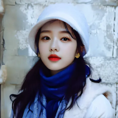 hyper HD，Age 25 years，White hat，Blue scarf，Korean style，Asian women
