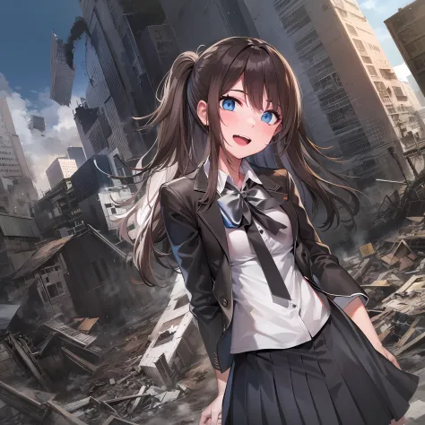 1girl, Solo, 50 meters tall, Bigger than the building, long hair, brown hair, bangs, blue eyes, Blazer, white shirt, black bow, ...