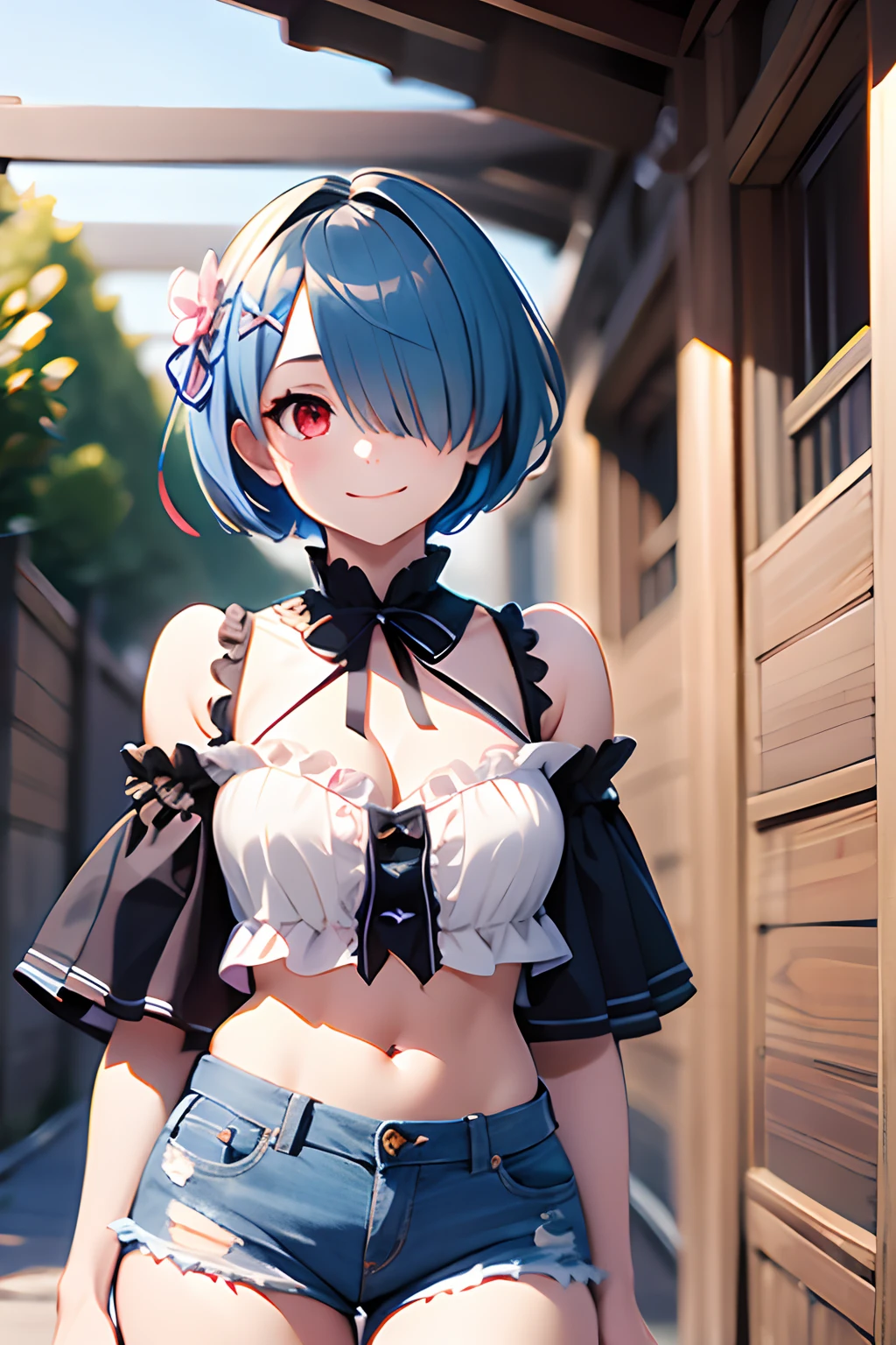 masterpiece, best quality, highres, ram1, 1girl, solo, rem \(re:zero\), blue hair, short hair, red eyes, hair over one eye, ribbon trim, hair ribbon, x hair ornament, frills, crop top white, denim shorts,medium breasts, cleavage, , hair flower, outdoor s, standing, smile, perfect background, perfect light