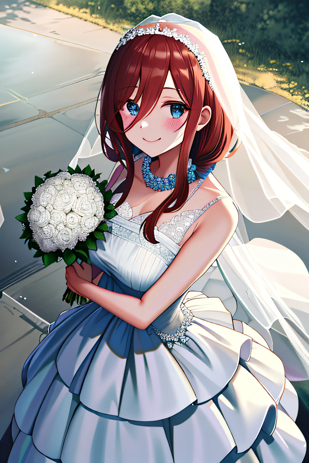 "(optimum,wedding gown,holding flower bouquet,one-girl,chies)tmasterpiece，high qulity，A high resolution，New World No. 1，Headphones around your neck，wedding gown，Bridal veil，whitegloves，Cowboy close-up，standing on your feet，ssmile"