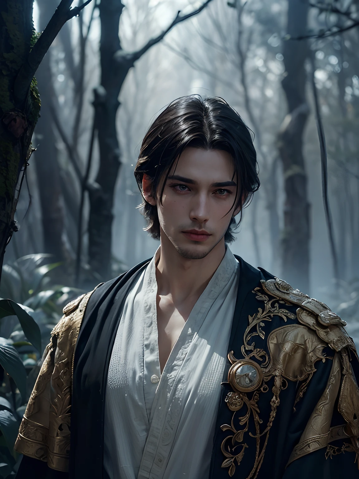 1man, smirk, in the frost forest, solo focus, adult, pale and young adult face, short black hair, black silk robe with golden lining, palace, realistic, dynamic pose realistic, detailed and correct facial structure, dark atmosphere, blades ornaments, LEON S. KENNEDY, handsome, attractive, slightly muscular, cinematic lighting, unreal engine, trending on ArtStation, intricate details,  masterpiece, best quality, by Irakli Nadar, Greg Rutkowski，(((best quality))),(((ultra detailed))),(((masterpiece)))