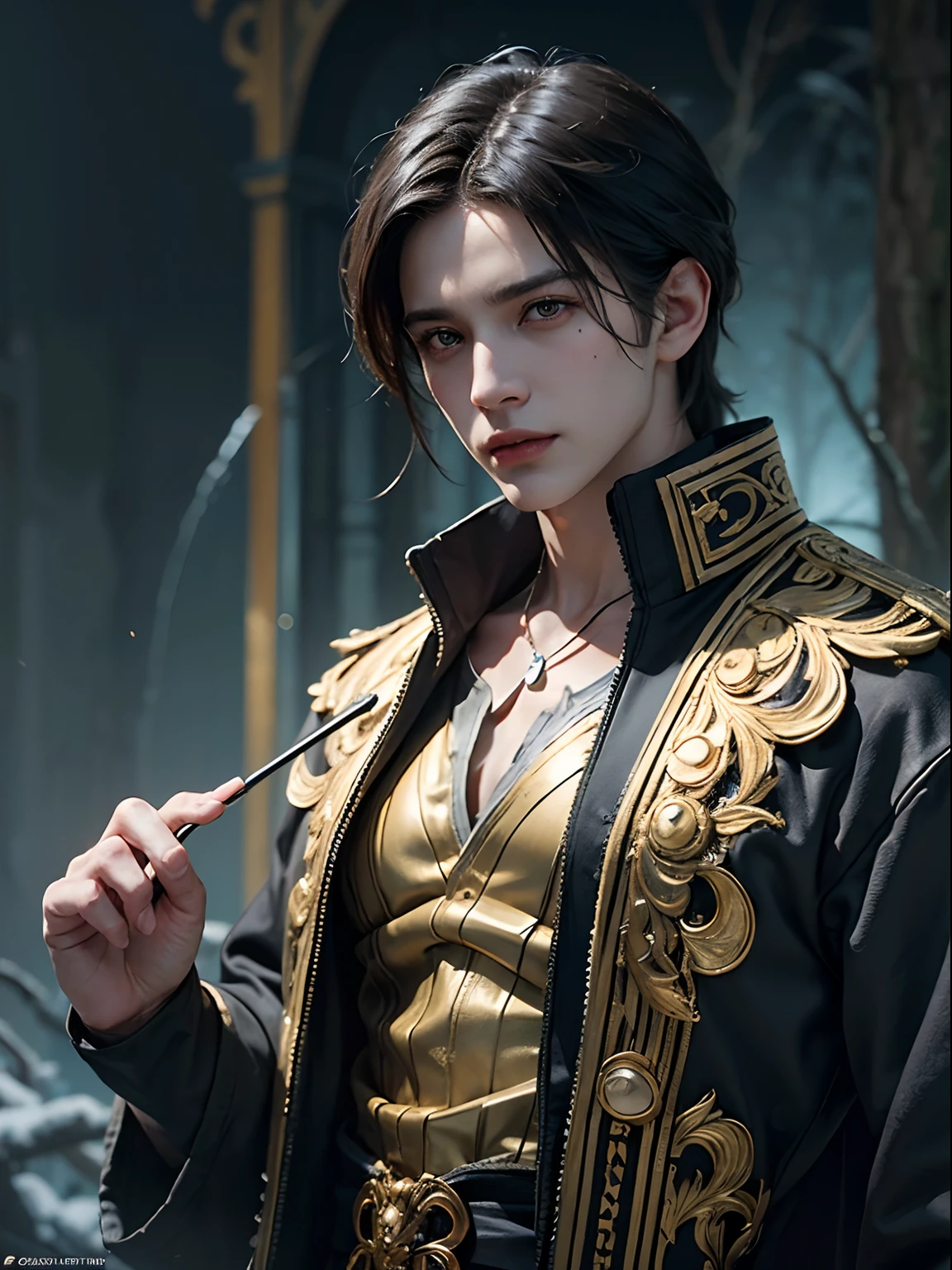 1man, smirk, in the frost forest, solo focus, adult, pale and young adult face, short black hair, black silk robe with golden lining, palace, realistic, dynamic pose realistic, detailed and correct facial structure, dark atmosphere, blades ornaments, LEON S. KENNEDY, handsome, attractive, slightly muscular, cinematic lighting, unreal engine, trending on ArtStation, intricate details,  masterpiece, best quality, by Irakli Nadar, Greg Rutkowski，(((best quality))),(((ultra detailed))),(((masterpiece)))