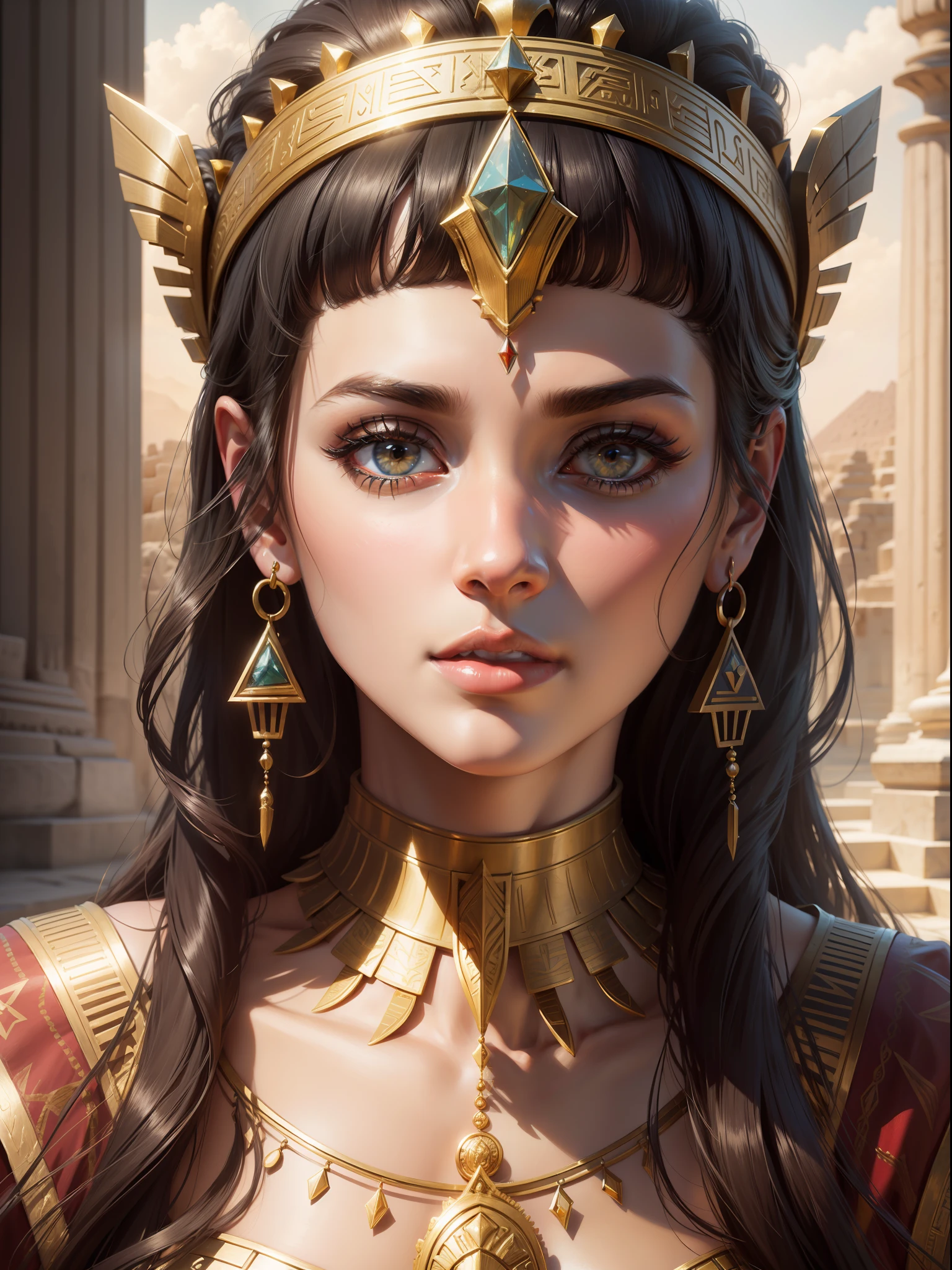 Draw colorful and painterly art inspired by the movie Cleopatra (1963). You should depict the majestic and mysterious atmosphere of Ancient Egypt. Try to convey the wealth and luxury of the time period. The main character, Cleopatra (with the face of actress Elizabeth Taylor at 20 years old), should be depicted with bright and elegant clothes that emphasize her status as a queen. The background can be an image of the pyramids, Egyptian temples and ancient cities. Other characters such as Julius Caesar and Mark Antony may also be present to emphasize the importance of their role in the plot. Don't forget to add details and textures to create realism and depth. Art, 4K resolution , photorealistic rendering, using Cinema 4D.extremely detailed, amazing, fine detail, rich colors, hyper realistic