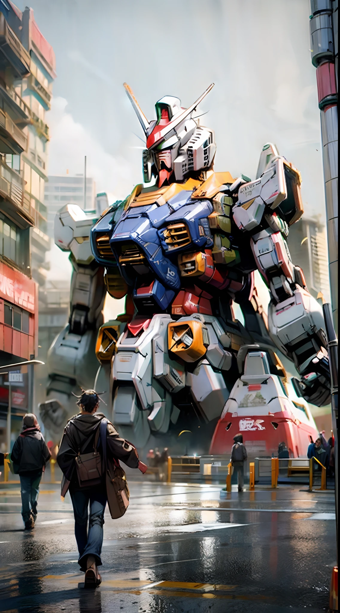 일본，도쿄의 거리와 보행자，국회의사당 앞의 거대 로봇，rx78