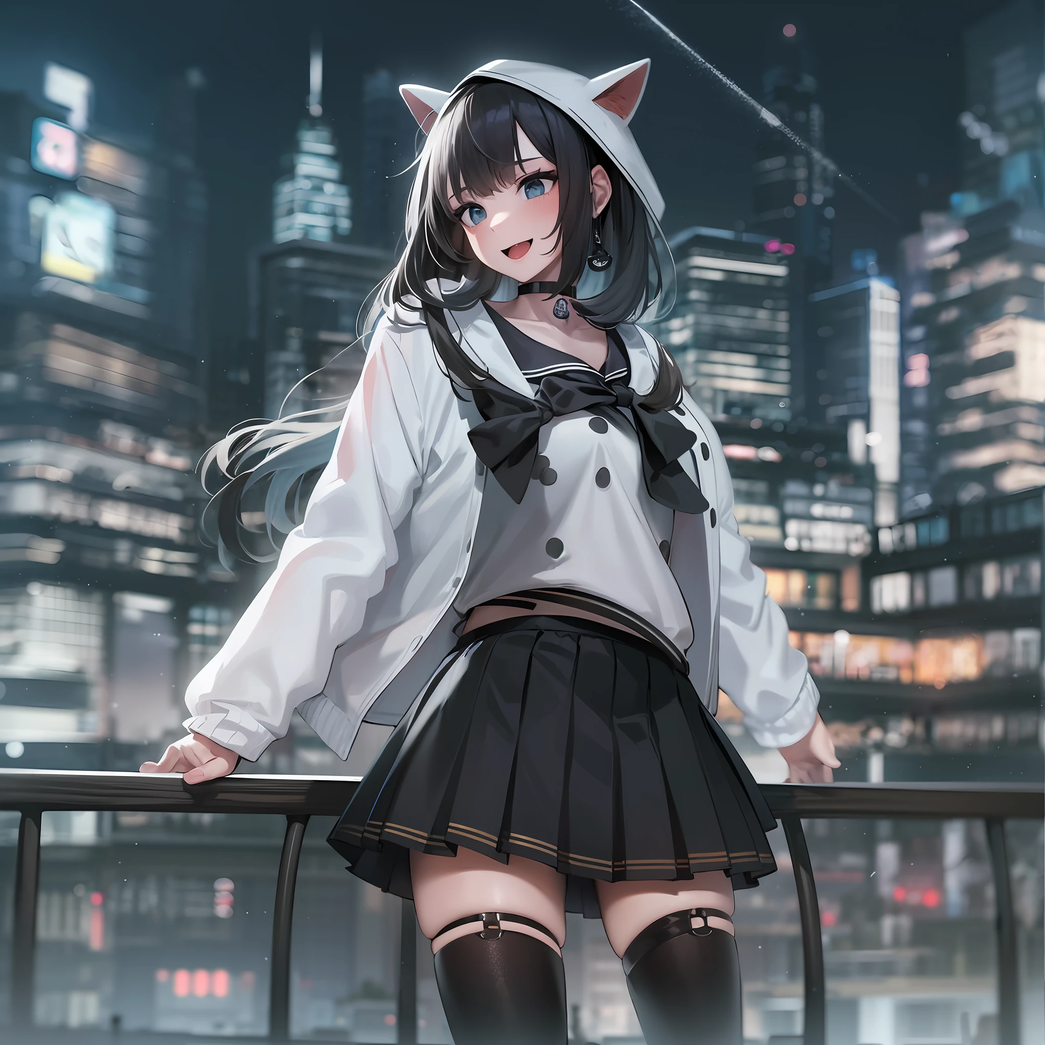 1girl, city, Bigger than the building, White jacket, Animal hood, White socks, Open jacket, Pleated skirt, Black skirt, Black sailor collar, Black choker, school uniform, Black shirt, puffy long sleeves, standing, Smile, Naughty, Anatomically correct, Textured skin, GTSCity