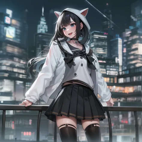 1girl, city, Bigger than the building, White jacket, Animal hood, White socks, Open jacket, Pleated skirt, Black skirt, Black sa...