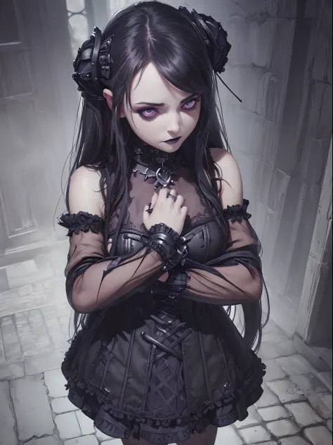 ((Cute little)),(treacherous Abigail, Strong Gothic Makeup) with black hair in a checkered torn dress, The atmosphere of mystici...