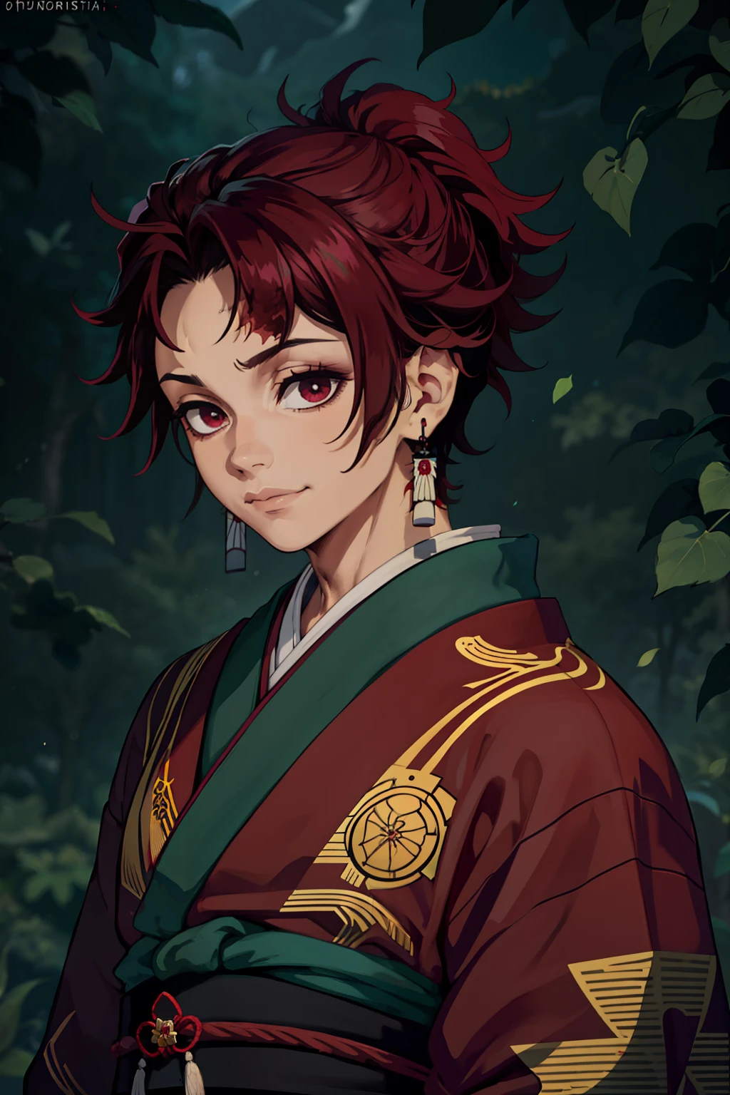 tmasterpiece, best qualityer, 独奏, 1boy, Vermilion hair, Dark eyes, red kimono, portraite of a, bloods, ssmile, The upper part of the body, Dark green background，