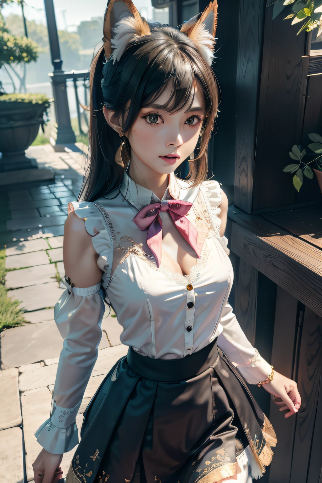 tmasterpiece， best qualtiy， ultra - detailed， RAW photogr， （realisticlying：1.4）， High-speed rail top clouds， 1girll， 独奏， By bangs， （fox ear）， mediuml breasts， clothing cutout，Hollow-out on， Animal ear， girl fox， Silk lace skirt skirt， pony tails， neck bowtie， shift dresses， （bangle）， jewely，， Separate the sleeves， （blue bracelet）， White sleeves， The shirt， sleeveless shirts， Golden decoration， Pink lace skirt， （coda， fox tails）， 耳Nipple Ring， dynamic angle， Outdoor deep forest，