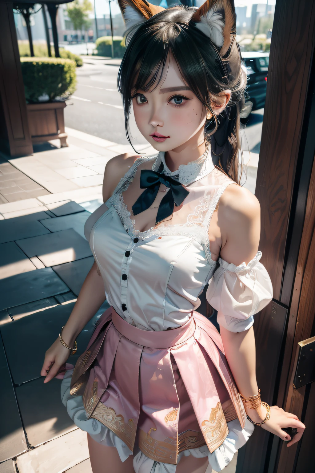 tmasterpiece， best qualtiy， ultra - detailed， RAW photogr， （realisticlying：1.4）， High-speed rail top clouds， 1girll， 独奏， By bangs， （fox ear）， mediuml breasts， clothing cutout，Hollow-out on， Animal ear， girl fox， Silk lace skirt skirt， pony tails， neck bowtie， shift dresses， （bangle）， jewely，， Separate the sleeves， （blue bracelet）， White sleeves， The shirt， sleeveless shirts， Golden decoration， Pink lace skirt， （coda， fox tails）， 耳Nipple Ring， dynamic angle， Outdoor deep forest，